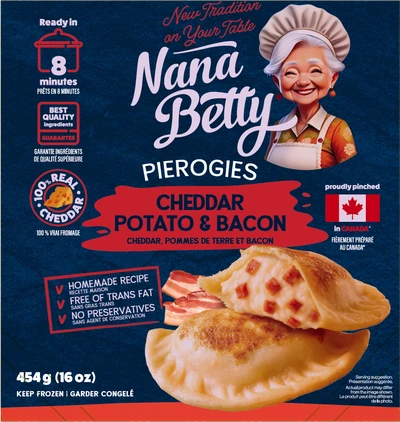 Potato, Cheddar & Bacon Nana Betty pierogies packaging